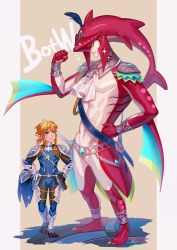 Rule 34 | 2boys, abs, blonde hair, blue eyes, bodysuit, clenched hand, colored skin, earrings, feet, fins, fish boy, full body, hair ornament, hand on own hip, highres, iroha (akei0710), jewelry, link, looking at another, male focus, monster boy, multicolored skin, multiple boys, muscular, neckerchief, nintendo, pointy ears, red skin, sharp teeth, shoulder pads, sidon, size difference, smile, sparkle, standing, teeth, the legend of zelda, the legend of zelda: breath of the wild, vambraces, yellow eyes, zora