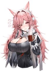 Rule 34 | 1girl, animal ear fluff, animal ears, arknights, breasts, cleavage, cup, gloves, hair ornament, highres, holding, holding cup, horn/wood, large breasts, long hair, long sleeves, looking at viewer, pink eyes, pink hair, pozyomka (arknights), simple background, solo, steam, upper body, very long hair, white background, wolf ears, wolf girl