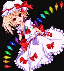 Rule 34 | 1girl, bad id, bad pixiv id, black background, blonde hair, blush, bow, cosplay, emina, fang, female focus, flandre scarlet, full body, hat, highres, red eyes, remilia scarlet (cosplay), ribbon, sitting, solo, touhou, wings, wrist cuffs