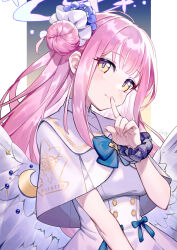 Rule 34 | 1girl, angel wings, blue archive, blunt bangs, commentary request, dress, feathered wings, finger to mouth, flower, hair bun, hair flower, hair ornament, hair scrunchie, halo, head tilt, highres, index finger raised, long hair, looking at viewer, mika (blue archive), pink hair, school uniform, scrunchie, shigi 0, sidelocks, simple background, single side bun, sleeveless, sleeveless dress, smile, solo, turtleneck, turtleneck dress, two-tone background, white dress, white wings, wings, wrist scrunchie, yellow eyes