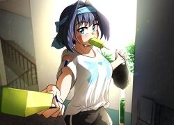 Rule 34 | 1girl, black hair, black shorts, blue eyes, blush, bow, bow earrings, clothing cutout, ddolbang, double popsicle, earrings, food, food in mouth, hair intakes, headband, highres, holding, holding food, holding popsicle, hololive, hololive english, hot, incoming food, jewelry, mouth hold, ouro kronii, popsicle, popsicle in mouth, shirt, shirt tucked in, short hair, short sleeves, shorts, shoulder cutout, sweat, t-shirt, very sweaty, virtual youtuber, white shirt