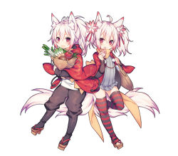 Rule 34 | 2girls, animal ear fluff, animal ears, ao jun, bag, black pants, brown footwear, character request, eating, flower, food, geta, grey shirt, grin, grocery bag, hair flower, hair ornament, hair ribbon, holding, holding food, hood, hood down, hooded jacket, hugging object, jacket, kai-ri-sei million arthur, looking at viewer, million arthur (series), multiple girls, open clothes, open jacket, pants, paper bag, pink flower, ponytail, puffy pants, red jacket, red ribbon, ribbon, shirt, shopping bag, simple background, smile, striped clothes, striped legwear, striped thighhighs, tail, thighhighs, tomato, twintails, white background, white hair, white shirt