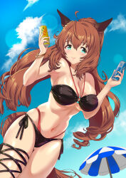 1girl absurdres animal_ears beach_umbrella bikini black_bikini blue_sky breasts brown_hair can cloud commission highres holding holding_can horse_ears horse_girl horse_tail kazakoshi_nonta large_breasts long_hair looking_at_viewer maruzensky_(umamusume) navel outdoors side-tie_bikini_bottom skeb_commission sky smile solo stomach swimsuit tail umamusume umbrella