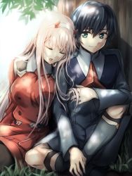 Rule 34 | 10s, 1boy, 1girl, black hair, black pantyhose, blue eyes, couple, darling in the franxx, day, hair ornament, hairband, herozu (xxhrd), hiro (darling in the franxx), horns, leaning on person, leaning to the side, long hair, military, military uniform, necktie, oni horns, outdoors, pantyhose, pink hair, red horns, red neckwear, short hair, side-by-side, sitting, sleeping, sleeping on person, socks, uniform, white hairband, zero two (darling in the franxx)