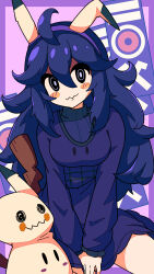 Rule 34 | 1girl, absurdres, ahoge, alternate breast size, black eyes, black hair, blush stickers, breasts, closed mouth, creatures (company), curly hair, dress, frills, game freak, gen 7 pokemon, hair between eyes, hairband, hex maniac (pokemon), highres, long hair, long sleeves, looking at viewer, medium breasts, mimikyu, mixed-language commentary, nintendo, no sclera, own hands together, pokemon, pokemon (creature), pokemon ears, pokemon tail, pokemon xy, purple hairband, ribbed sweater, sidelocks, sitting, smile, sweater, sweater under dress, tail, yodok