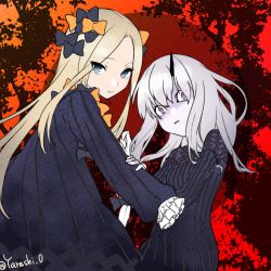 Rule 34 | 2girls, abigail williams (fate), albino, bad id, bad pixiv id, black bow, black dress, blonde hair, blue eyes, bow, breasts, colored skin, dress, eyebrows, eyes visible through hair, facing another, fate/grand order, fate (series), frilled sleeves, frills, hair between eyes, hair bow, highres, horns, lavinia whateley (fate), long hair, long sleeves, multiple girls, no pupils, orange bow, palms, parted bangs, purple eyes, red background, silver hair, single horn, small breasts, straight hair, striped clothes, striped dress, tsurime, twitter username, vertical-striped clothes, vertical-striped dress, white skin, yashiro (3-aki)