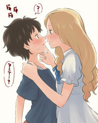 Rule 34 | 2girls, anna (omoide no marnie), blonde hair, blue eyes, blue shirt, blush, brown hair, commentary, dress, eye contact, face-to-face, hand on another&#039;s chin, hand on another&#039;s shoulder, imminent kiss, long hair, looking at another, marnie (omoide no marnie), meis (terameisu), multiple girls, noses touching, omoide no marnie, puffy short sleeves, puffy sleeves, shirt, short hair, short sleeves, simple background, translated, white background, white dress, yuri