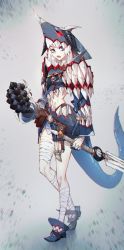 Rule 34 | 1girl, abs, absurdres, adapted costume, alternate height, armor, bandaged leg, bandages, blue eyes, clenched hand, commentary, diffraction spikes, english commentary, fins, fish tail, gawr gura, glowing, helmet, highres, holding, holding sword, holding weapon, hololive, hololive english, jin grey paladin, looking at viewer, navel, open mouth, pauldrons, redesign, shark tail, sharp teeth, shoulder armor, solo, sword, tail, teeth, virtual youtuber, walking, weapon, white hair