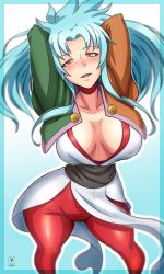 Rule 34 | 1girl, arms behind head, blue hair, blush, breasts, cleavage, highres, kawa-v, large breasts, long hair, open mouth, ryouko (tenchi muyou!), smile, solo, tenchi muyou!, thighhighs, thighs, yellow eyes