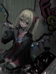 Rule 34 | 1girl, alternate costume, bad tag, blonde hair, blood, blood on face, coat, collar, crystal wings, flandre scarlet, full body, hair ribbon, highres, open mouth, red eyes, red ribbon, ribbon, side ponytail, sitting, solo, spiked collar, spikes, touhou, trash bag, wariza, yumeno ruruka