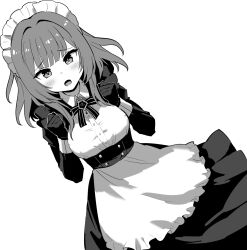 Rule 34 | 1girl, apron, azur lane, azur lane: slow ahead, blush, bow, bowtie, buttons, devonshire (azur lane), dress, emblem, gloves, greyscale, hands up, hori (hori no su), long sleeves, looking at viewer, maid, maid headdress, medium hair, monochrome, official art, open mouth, simple background, solo, taut clothes, taut dress, waist apron, white background