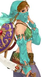 Rule 34 | 1boy, arm at side, blonde hair, bridal gauntlets, crossdressing, detached sleeves, from side, gerudo set (zelda), hand up, highres, holding, holding weapon, ivy (sena0119), jewelry, link, looking at viewer, male focus, mouth veil, nintendo, pointy ears, shield, shield on back, simple background, solo, sword, the legend of zelda, the legend of zelda: breath of the wild, trap, veil, weapon, white background