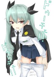 Rule 34 | 10s, 1girl, 2016, absurdres, anchovy (girls und panzer), artist name, belt, cape, clothes pull, commentary, crotch seam, dated, dress shirt, drill hair, emblem, girls und panzer, green hair, highres, irukatto, leaning forward, long hair, long sleeves, looking at viewer, miniskirt, necktie, pantyhose, pantyhose pull, parted lips, red eyes, school uniform, scowl, shirt, signature, simple background, skirt, solo, standing, sweatdrop, translated, twin drills, twintails, wavy mouth, white background, white pantyhose, white shirt