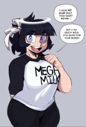 Rule 34 | 1girl, azazel (helltaker), black hair, black pants, blue eyes, bow, clenched hand, commentary, english commentary, english text, hair bow, halo, helltaker, ink (ink01 ), looking at viewer, mega milk, meme attire, open mouth, pants, raglan sleeves, shirt, short hair, smile, solo, speech bubble, white bow, white shirt