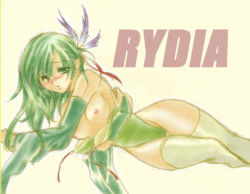 Rule 34 | 1990s (style), 1girl, blush, breasts, character name, detached sleeves, final fantasy, final fantasy iv, green eyes, green hair, hair ornament, leotard, lowres, lying, matching hair/eyes, nipples, no bra, rydia (ff4), small breasts, solo, thighhighs