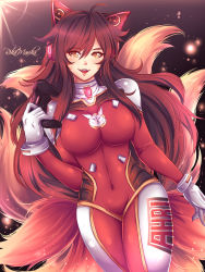 Rule 34 | 1girl, adapted costume, ahoge, ahri (league of legends), animal ear headphones, animal ears, animal print, artist name, bodysuit, breasts, brown background, brown hair, cat ear headphones, character name, clothes writing, commentary, controller, cosplay, covered navel, cowboy shot, crossover, d.va (overwatch), d.va (overwatch) (cosplay), facial mark, fake animal ears, fangs, fox ears, fox girl, fox print, fox tail, game controller, gamepad, gloves, gradient background, headphones, high collar, highres, holding, kyuubi, large breasts, league of legends, light particles, long hair, looking at viewer, multiple tails, nose, open mouth, overwatch, overwatch 1, pilot suit, red bodysuit, rikamarika, signature, skin tight, slit pupils, smile, solo, standing, tail, teeth, upper teeth only, whisker markings, white gloves, yellow eyes