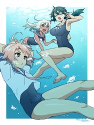 Rule 34 | 10s, 3girls, ahoge, air bubble, arms behind head, barefoot, blonde hair, blue eyes, breasts, breath, bubble, commentary request, diving, dress, female admiral (kancolle), flower, freediving, goggles, hair flower, hair ornament, holding hands, i-58 (kancolle), ikeshita moyuko, kantai collection, large breasts, multiple girls, one-piece swimsuit, pink eyes, pink hair, ponytail, ro-500 (kancolle), sailor dress, school swimsuit, school uniform, shiomi kaoru, sidelocks, smile, swimming, swimsuit, tan, underwater