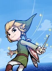 Rule 34 | 1boy, belt, blonde hair, blue sky, boots, brown belt, brown footwear, green shirt, green tunic, highres, link, looking at viewer, medium hair, nintendo, outdoors, pants, pointy ears, shield, shield on back, shirt, sky, solo, sword, the legend of zelda, the legend of zelda: the wind waker, toon link, wasabi (legemd), water, weapon, weapon on back, white pants