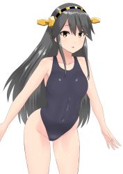 Rule 34 | 1girl, 30-06, black hair, breasts, competition school swimsuit, hair ornament, hairband, haruna (kancolle), headgear, highres, kantai collection, long hair, medium breasts, one-piece swimsuit, open mouth, school swimsuit, smile, solo, swimsuit, white background