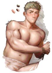 Rule 34 | 1boy, artist name, bara, blonde hair, bound, bound wrists, boxer briefs, bulge, dated, dungeon meshi, greenteaa, highres, laios touden, looking at viewer, male focus, male underwear, navel hair, nipples, parted lips, short hair, solo, sweat, topless male, underwear, upper body, very short hair
