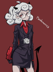 Rule 34 | 1girl, ahoge, arms at sides, black gloves, black horns, black skirt, character name, clipboard, closed mouth, commentary request, contrapposto, cowboy shot, demon girl, demon horns, demon tail, formal, glasses, gloves, helltaker, highres, holding, holding clipboard, horns, id card, jacket, long sleeves, looking at viewer, medium hair, miniskirt, necktie, no mae (mikakatachi), pale skin, pandemonica (helltaker), pantyhose, red background, red eyes, red shirt, round eyewear, shirt, simple background, skirt, suit, tail, white hair