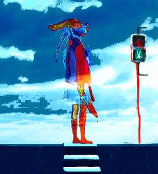 Rule 34 | 1girl, blood, cloud, colorful, distortion, full body, giba ryan, knife, looking back, madotsuki, no shoes, sky, solo, stairs, standing, surreal, traffic light, yume nikki