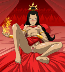 Rule 34 | 1girl, armlet, avatar: the last airbender, avatar legends, azula, barefoot, bed, black hair, blush, bottomless, bracelet, brown eyes, cum, cum in pussy, cumdrip, feet, fire, grin, jewelry, long hair, looking at viewer, lying, on back, pillow, pussy, smile, soles, spread legs, toes, topless