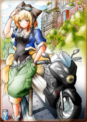 Rule 34 | 1girl, animal ears, blonde hair, blue eyes, blush, bush, contemporary, day, female focus, fox ears, fox tail, goggles, goggles on head, hand in pocket, hat, kemu inu, looking at viewer, motor vehicle, motorcycle, outdoors, pants, plant, road, short hair, solo, standing, street, tail, touhou, tree, vehicle, yakumo ran