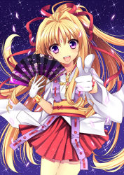 Rule 34 | 1990s (style), 1girl, :d, agekichi (heart shape), bad id, bad pixiv id, blonde hair, cowboy shot, floral print, folding fan, gloves, hair ribbon, hand fan, japanese clothes, jewelry, kaitou jeanne, kamikaze kaitou jeanne, kusakabe maron, long hair, lots of jewelry, obi, open mouth, petals, pleated skirt, pointing, pointing at viewer, ponytail, purple eyes, red ribbon, red skirt, retro artstyle, ribbon, sash, skirt, smile, solo, sparkle, very long hair, white gloves, wide sleeves