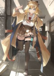 Rule 34 | 1girl, blonde hair, blue eyes, brown headwear, brown jacket, brown skirt, clock, fadingz, full body, highres, hololive, hololive english, jacket, looking at viewer, pleated skirt, short hair, signature, skirt, smile, solo, standing, standing on one leg, stethoscope, thighs, virtual youtuber, watson amelia