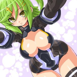 Rule 34 | 10s, 1girl, bad id, bad pixiv id, black thighhighs, blush, breasts, busou shinki, cleavage, cleavage cutout, clothing cutout, cowboy shot, cross, cross hair ornament, dd (ijigendd), dutch angle, eyes visible through hair, from above, green hair, hair between eyes, hair ornament, hairclip, harmony grace, hip focus, large breasts, leotard, light smile, looking at viewer, one side up, outstretched arms, purple background, short hair, smile, solo, swept bangs, thigh gap, thighhighs, wide hips, yellow eyes