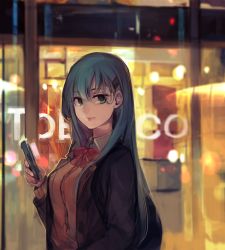 Rule 34 | 10s, 1girl, :p, aika warazu, aqua eyes, aqua hair, asymmetrical bangs, backlighting, backpack, bag, blazer, blurry, blurry background, blush, bow, bowtie, breasts, brown jacket, cellphone, commentary, hair ornament, hairclip, highres, jacket, kantai collection, long hair, long sleeves, looking at viewer, medium breasts, night, open clothes, open jacket, outdoors, parted lips, phone, red bow, red bowtie, school uniform, solo, storefront, straight hair, suzuya (kancolle), tongue, tongue out, tsurime
