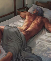 Rule 34 | 1boy, aenaluck, artist name, ass, back, bara, beard, bed, blanket, completely nude, covering with blanket, facial hair, grey hair, highres, indoors, lying, male focus, master (aenaluck), muscular, muscular male, nude, on bed, on stomach, original, pillow, short hair, solo, weapon