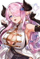 Rule 34 | 1girl, alracoco, armpits, asymmetrical gloves, bare shoulders, black gloves, blue eyes, blush, braid, breasts, cleavage, cleavage cutout, clothing cutout, draph, elbow gloves, fingerless gloves, gloves, granblue fantasy, hair over one eye, heart, heart-shaped pupils, highres, horns, large breasts, light purple hair, long hair, looking at viewer, low tied hair, narmaya (granblue fantasy), open mouth, pointy ears, simple background, single braid, sleeveless, smile, solo, symbol-shaped pupils, uneven gloves, white background