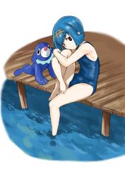 Rule 34 | 1girl, bare arms, bare shoulders, barefoot, black eyes, blue hair, bright pupils, closed mouth, creatures (company), dock, game freak, gen 7 pokemon, hairband, head on knee, head rest, head tilt, highres, hugging own legs, knee up, kurosu gatari, lana (pokemon), looking at viewer, looking to the side, nintendo, one-piece swimsuit, pokemon, pokemon (creature), pokemon sm, popplio, school swimsuit, short hair, sitting, smile, soaking feet, swimsuit, trial captain, water, white pupils