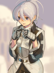 Rule 34 | 1girl, armor, blurry, blurry background, boa (brianoa), breastplate, commentary, cowboy shot, depth of field, embarrassed, english commentary, fidgeting, gauntlets, grey hair, hair between eyes, hands up, highres, index fingers together, long sleeves, looking away, melty blood, open mouth, ponytail, purple eyes, riesbyfe stridberg, solo, standing, sweatdrop, tsukihime, twitter username