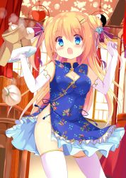 Rule 34 | 1girl, arms up, bad id, bad pixiv id, blonde hair, blue eyes, blush, breasts, carrying, china dress, chinese clothes, cleavage, cleavage cutout, clothing cutout, dan ball, double bun, dress, elbow gloves, fang, food, gloves, hair bun, long hair, moe2016, no panties, open mouth, original, plate, ribbon, side slit, solo, thighhighs, thighs, twintails, two side up, very long hair, white thighhighs, wind, wind lift
