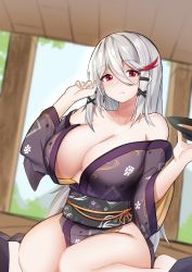 Rule 34 | 1girl, absurdres, bare shoulders, blush, breasts, cleavage, closed mouth, collarbone, grey hair, hair ornament, hairclip, hand in own hair, highres, holding, holding tray, j yak47, japanese clothes, kimono, klone (j.roswel), large breasts, long hair, looking at viewer, multicolored hair, on floor, original, red eyes, seiza, simple background, sitting, solo, tray