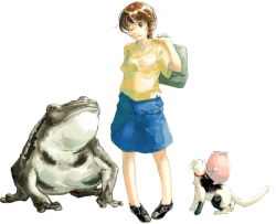 Rule 34 | 1girl, animal, blue skirt, brown hair, cat, frog, looking at viewer, myu, original, oversized animal, pigeon-toed, shirt, short sleeves, simple background, skirt, solo, standing, white background, yellow shirt