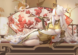 Rule 34 | 1girl, absurdres, bare shoulders, black gloves, breasts, china dress, chinese clothes, claw ring, detached sleeves, dress, elbow gloves, flower, genshin impact, gloves, hair ornament, hairpin, highres, lantern, large breasts, long hair, looking at viewer, lying, ningguang (genshin impact), on side, painting (object), red eyes, rib (rib delesetong), sidelocks, smile, smoke, smoking pipe, solo, thighs, very long hair, vision (genshin impact), white hair