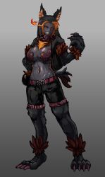 Rule 34 | 1girl, absurdres, animal ear fluff, animal ears, animal hands, black sclera, blush, body fur, breasts, chain, claws, cleavage, coat, collar, colored sclera, colored skin, dark-skinned female, dark skin, denim, denim shorts, dog ears, dog paws, dog tail, flaming eyes, furry, furry female, hellhound (monster girl encyclopedia), highres, jacket, jeans, large breasts, looking at viewer, monster girl, monster girl encyclopedia, navel, open clothes, open coat, open jacket, pants, pasties, red eyes, revealing clothes, shorts, slit pupils, smile, smirk, tail, udetamago, very dark skin, wolf ears, wolf paws, wolf tail