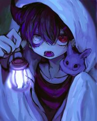 Rule 34 | 1boy, animal, animal on shoulder, bad id, bad pixiv id, cloak, commentary, ear piercing, english commentary, fangs, hair between eyes, hair ornament, hairclip, halloween, heterochromia, holding, holding lantern, hood, hood up, hooded cloak, horns, hzk (user kemd2843), jewelry, lantern, looking at viewer, male focus, multicolored hair, open mouth, original, piercing, purple hair, rabbit, rabbit on shoulder, red eyes, red hair, red shirt, shirt, simple background, single horn, stitched face, stitches, tongue, tongue out, upper body, white cloak, white eyes