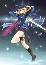 Rule 34 | 1girl, absurdres, ahoge, arms up, artoria pendragon (fate), baseball cap, black background, black footwear, black hat, black shorts, blonde hair, blue eyes, blue jacket, blue scarf, boots, closed mouth, commentary request, cross-laced footwear, diffraction spikes, dual wielding, fate/grand order, fate (series), full body, glowing, glowing floor, glowing sword, glowing weapon, hair between eyes, hat, highres, himitsucalibur (fate), holding, jacket, knee boots, lace-up boots, leg up, light particles, long hair, long sleeves, looking at viewer, mysterious heroine x (fate), ponytail, scarf, serious, shorts, sidelocks, solo, standing, standing on one leg, taro (ultrataro), track jacket, weapon