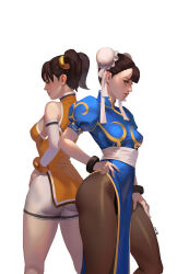 Rule 34 | 2girls, 3mmode, absurdres, back-to-back, breasts, brown eyes, brown hair, brown pantyhose, bun cover, capcom, china dress, chinese clothes, chun-li, crossover, double bun, dress, hair bun, hand on own hip, highres, ling xiaoyu, lips, medium breasts, multiple girls, pantyhose, pelvic curtain, short sleeves, shorts, street fighter, street fighter x tekken, tekken, twintails, white shorts, white sleeves