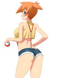 Rule 34 | 1girl, ass, bare arms, bare shoulders, blue eyes, blush, butt crack, cowboy shot, creatures (company), crop top, crop top overhang, cutoffs, denim, denim shorts, dimples of venus, from behind, game freak, grin, gym leader, hand on own hip, holding, holding poke ball, looking at viewer, looking back, misty (pokemon), nintendo, orange hair, poke ball, pokemon, pokemon (anime), pokemon (classic anime), profile, shirt, short hair, short shorts, shorts, side ponytail, sleeveless, sleeveless shirt, smile, solo, suspender shorts, suspenders, tamezou, yellow shirt
