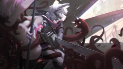 Rule 34 | 2girls, animal ears, animal hood, arknights, arm up, asphyxiation, battle, black gloves, black pantyhose, blurry, blurry foreground, breasts, chainsaw, clenched teeth, closed eyes, depth of field, gloves, grey hair, highres, holding, holding staff, holding weapon, hood, hood down, long sleeves, miniskirt, monster, multiple girls, navel, nipples, pantyhose, popukar (arknights), preamy kyuushi, purple skirt, rabbit ears, rabbit hood, short hair, skirt, small breasts, staff, stomach bulge, sussurro (arknights), teeth, tentacles, topless, weapon, white gloves, white pantyhose