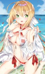 Rule 34 | 1girl, :d, ahoge, babydoll, barefoot, beach, bikini, blonde hair, blush, bow, braid, breasts, cloud, criss-cross halter, day, earrings, fate/grand order, fate (series), flower, green eyes, hair bow, hair ribbon, halterneck, hand on own cheek, hand on own face, happy, highres, jewelry, jpeg artifacts, kamioka shun&#039;ya, large breasts, long hair, looking at viewer, navel, nero claudius (fate), nero claudius (fate) (all), nero claudius (swimsuit caster) (fate), nero claudius (swimsuit caster) (third ascension) (fate), open mouth, outdoors, petals, red bow, red ribbon, ribbon, side-tie bikini bottom, sky, smile, solo, striped bikini, striped clothes, swimsuit, water, white babydoll, white bow, white ribbon