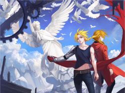 Rule 34 | 2boys, ana bi, animal, back-to-back, belt, belt buckle, bird, black pants, blonde hair, blouse, blue pants, blue shirt, blue sky, braid, braided ponytail, buckle, character request, cloud, coat, commentary request, edward elric, feathers, floating hair, flying, fullmetal alchemist, gears, holding, hood, hood down, long hair, male focus, mechanical arms, multiple boys, pants, ponytail, red coat, ruins, shirt, single braid, single mechanical arm, sky, sleeveless, sleeveless shirt, standing, statue, wind, yellow eyes