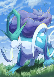 Rule 34 | absurdres, brown eyes, closed mouth, cloud, creatures (company), day, falling leaves, frown, game freak, gen 2 pokemon, grass, highres, leaf, legendary pokemon, nintendo, no humans, outdoors, pokemon, pokemon (creature), signature, sky, solo, standing, suicune, tanpakuroom