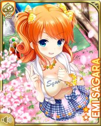 Rule 34 | 1girl, blue eyes, blue skirt, bow, breasts, character name, checkered clothes, checkered skirt, day, english text, girlfriend (kari), hair bow, jacket, jewelry, looking at viewer, medium hair, official art, open mouth, orange hair, orange shirt, outdoors, park, qp:flapper, sagara emi, wrist scrunchie, shirt, skirt, smile, solo, tagme, tree, two side up, white jacket, white legwear, yellow bow, yellow shirt